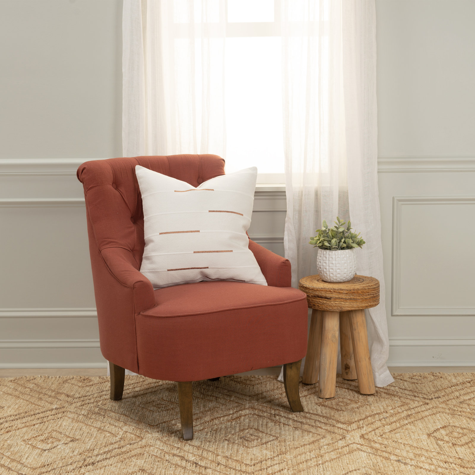 Oda 20" x 20" Embroidered Throw Pillow, Ivory/Brown