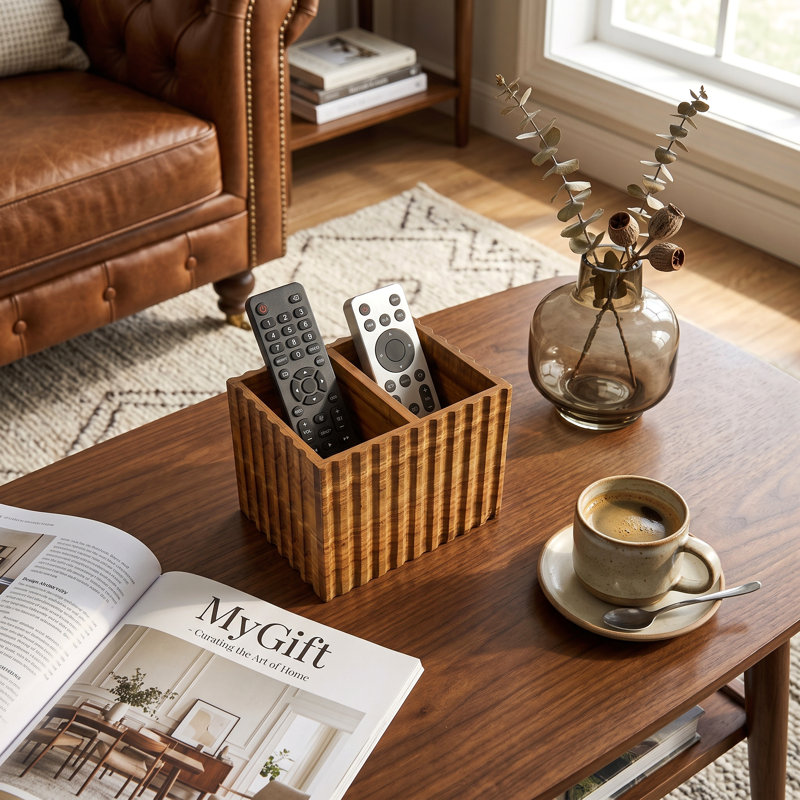 Fluted Solid Acacia Wood Remote Holder