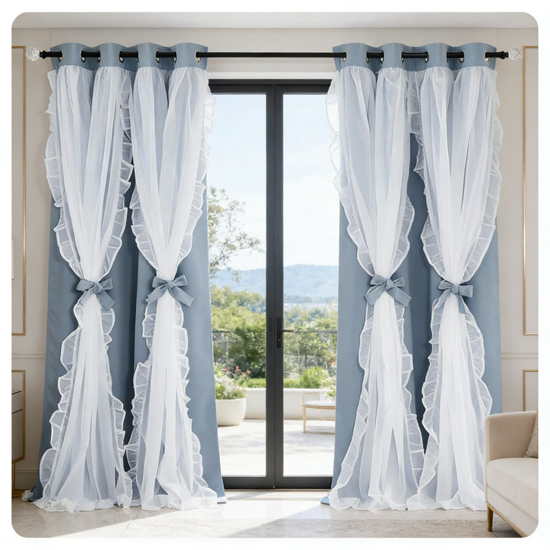 Double Layer Blackout Curtains With Sheer Ruffle Overlay - Room Darkening Drapes With Tiebacks For Bedroom And Living Room, 2 Panels
