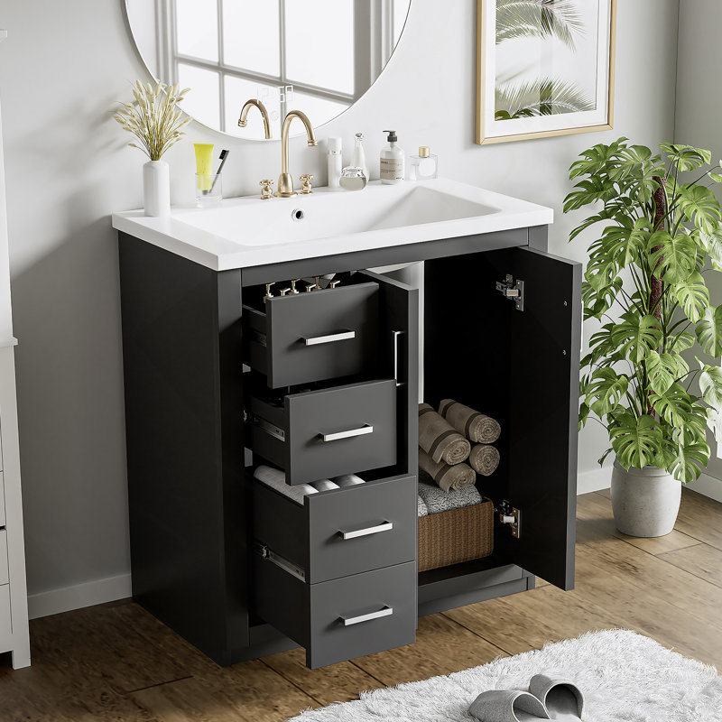 Ensemble de meuble-lavabo 30 po avec lavabo en céramique, armoire de rangement en bois massif, ensemble de meuble-lavabo autoportant avec 3 tiroirs et portes à fermeture douce