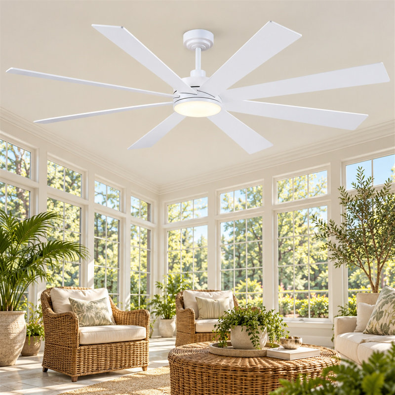 72" 8-Blade Large Ceiling Fans Modern Farmhouse Indoor With Lights And Remote, White