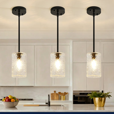 1‑Light Black Mini Modern Pendant Light with Hammered Cylinder Clear Glass Shade for Kitchen Island & Dining Room