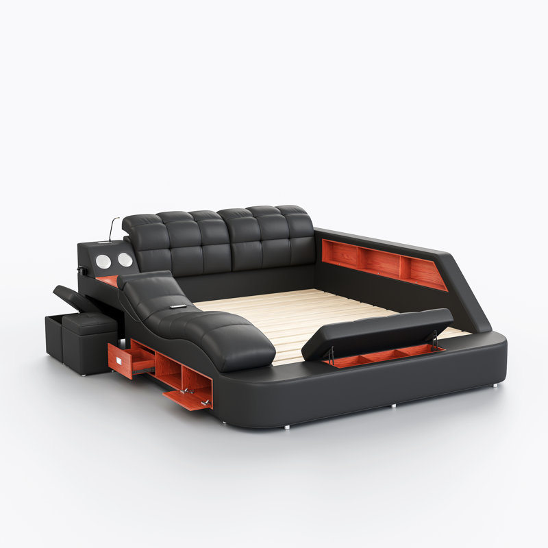 Multi-Functional Bed, Solid Wood Frame and Faux Leather Upholstery, Remote-Controlled Massage Recliner on the Left, Modern LED Lights, Bluetooth Speakers, USB Charging Ports, Adjustable Backrest
