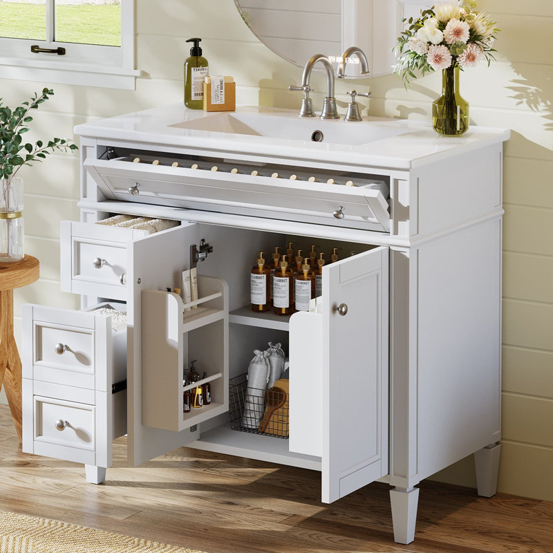 Meuble-lavabo en bois massif 36 po avec lavabo en céramique