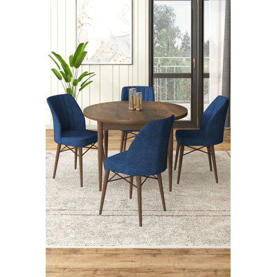 Ensemble de table et chaises de salle à manger moderne 5 pièces, baroque et bleu marine | Table en carton 100% mélaminé (35,4 x 29,5 x 35,4 pouces) et 4 chaises (17,7 x 36,6 x 16,5 pouces) | Pieds en bois, structure en métal, assise en mousse confortable, design élégant
