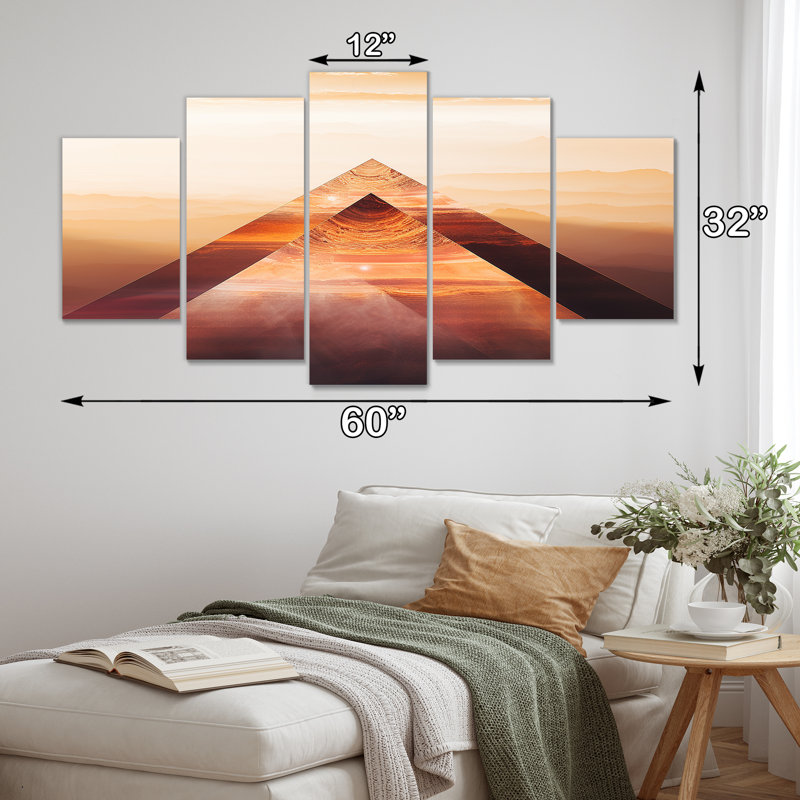 «Triangular Desert Mountains Sunset», art mural abstrait pour le salon, 5 pièces, H 32 po x l 60 po
