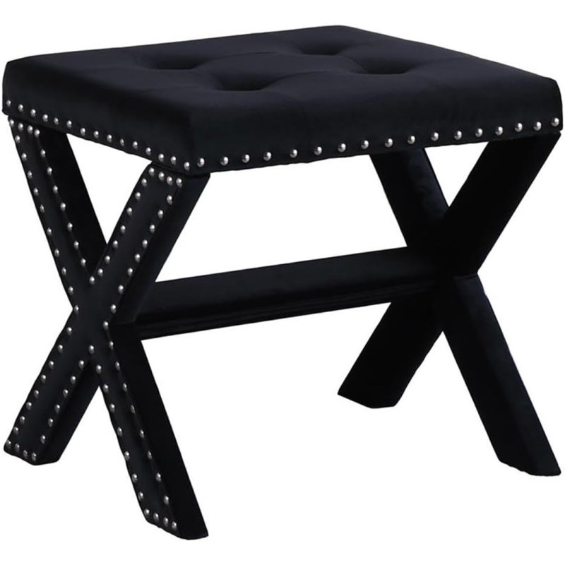 Velvet Upholstered Accent Bench With Nailhead Trim, Tufted Seat Bench For Entryway Living Room, Black, Black