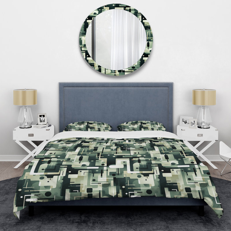 Green Urban Maze I - Ensemble de housse de couette géométrique - Polyester microfibre