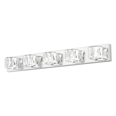 35" Modern Crystal 5-Light LED Wall Sconce – Elegant Chrome Bathroom Vanity Light With Clear Crystal Shades For Bathroom, Bedroom, Or Hallway