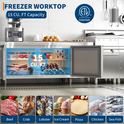 71in 15 Cu.Ft Stainless Steel Undercounter Worktop Refrigerator, 2 Door Refrigerated Food Prep Station with 2 Adjustable Shelves,  Auto defros and LCD for Restaurant Bar Cafe