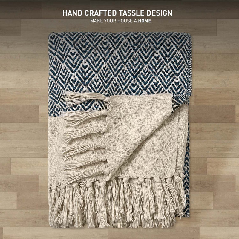 Hand Woven Throw Blanket, Teal Ivory