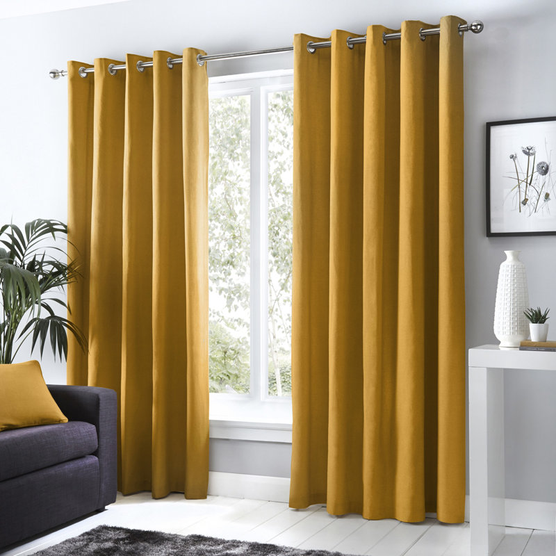 Cotton Blend Room Darkening Curtain Pair, Ochre, Width 117 x Drop 183 cm