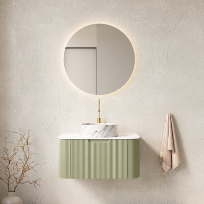 Meuble-lavabo de 76 cm avec lavabo rond en céramique blanche à motif pierre, armoire de rangement à rayures 3D, préassemblé, grand espace de rangement, tiroir à fermeture douce