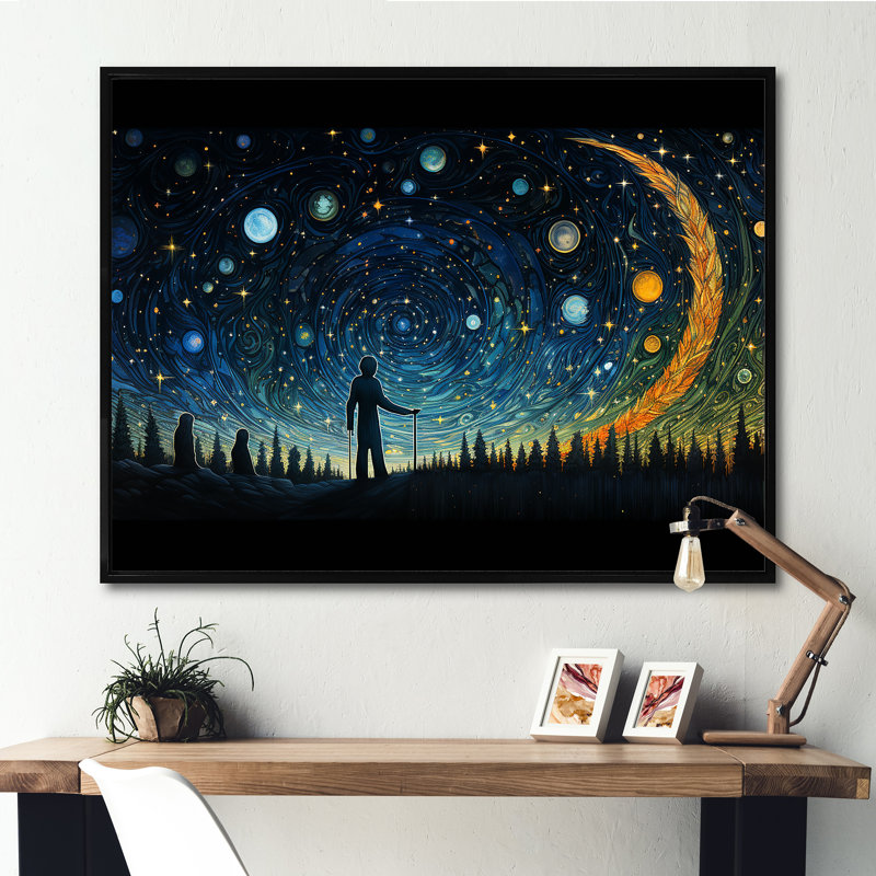 Yellow And Blue Night Skies Planets - Space Planet Wall Art, 30" H x 40" W x 1.5" D, Black Floater Framed