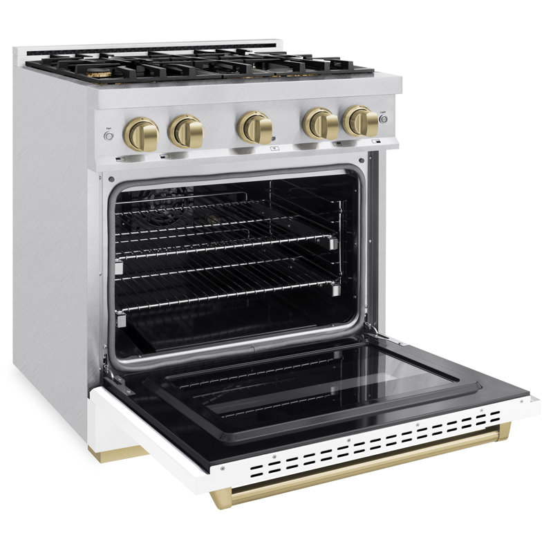 ZLINE Autograph Edition 30 in. 4.2 cu. ft. Classic Dual Fuel Range with 4 Burner Gas Cooktop and Electric Convection Oven in Satin Stainless Steel with White Matte Door and Accents