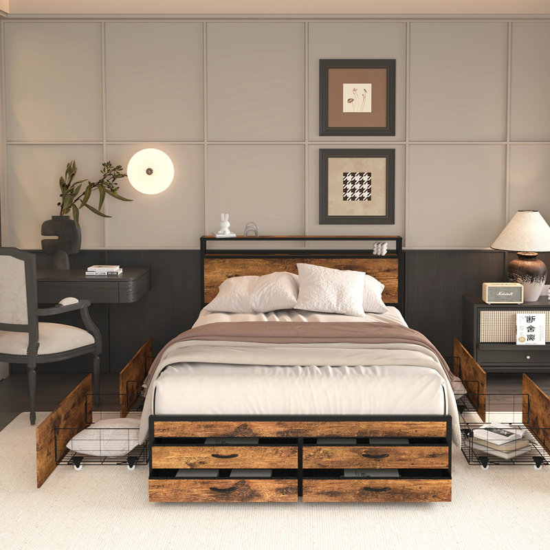 Bed Frame With 8 Storage Drawers, LED Headboard With Charging Station, Metal Platform Bed Frame, No Box Spring Needed, Noise-Free, Stable And Solid, Bed Frame