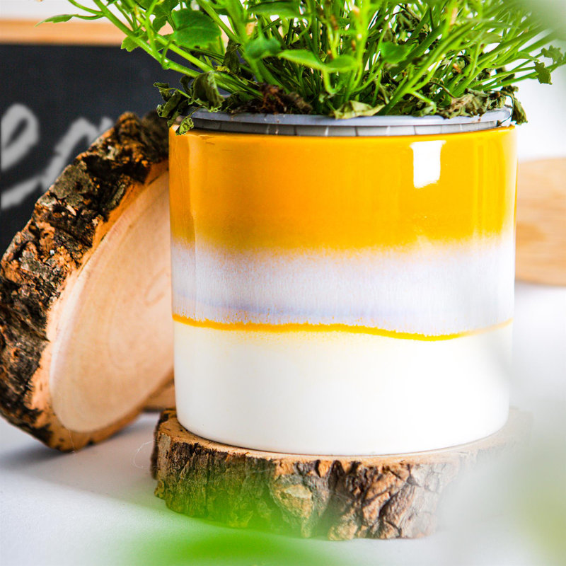 Nicola Spring - Reactive Glaze Plant Pot, Yellow, 9cm H x 10.5cm W x 10.5cm D