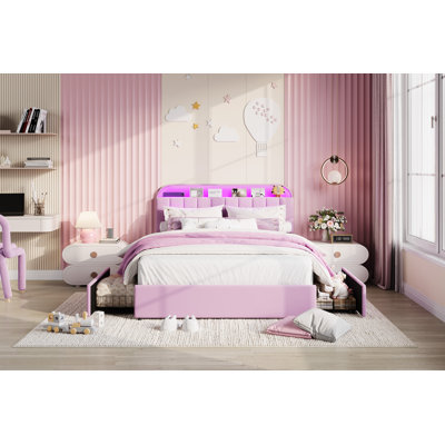 Full Size Bed Frame with Storage Headboard & RGB LED Lights, 2 Positionable Under Bed Drawers, Adjustable Headboard, No Box Spring Needed, Velvet Purple