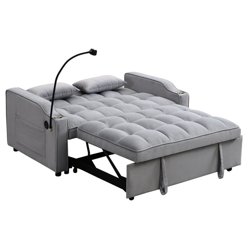 Petite causeuse moderne en velours gris, convertible en canapé-lit, avec hublots et confortable 2 - Velours qui se transforme en inclinaison réglable