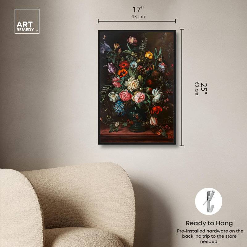 Romantic Blossom Canvas Floral Vase Wall Art by Art Remedy, Black Framed, 25" H x 17" W