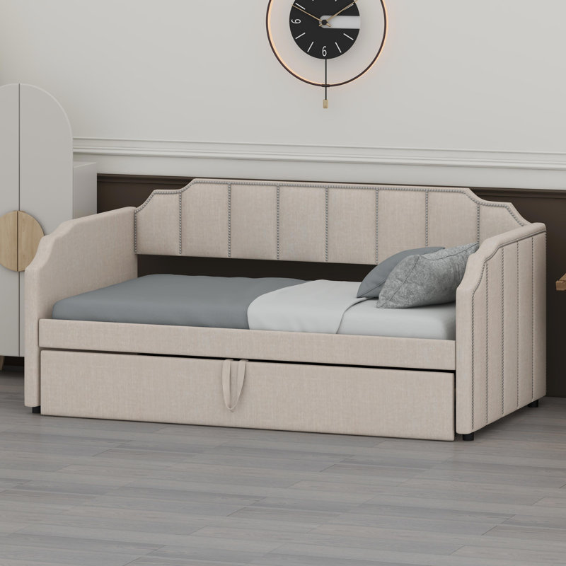 Multifunctional Lounge Bed Featuring Hidden Trundle and Built-in Device Charging Ports, Beige