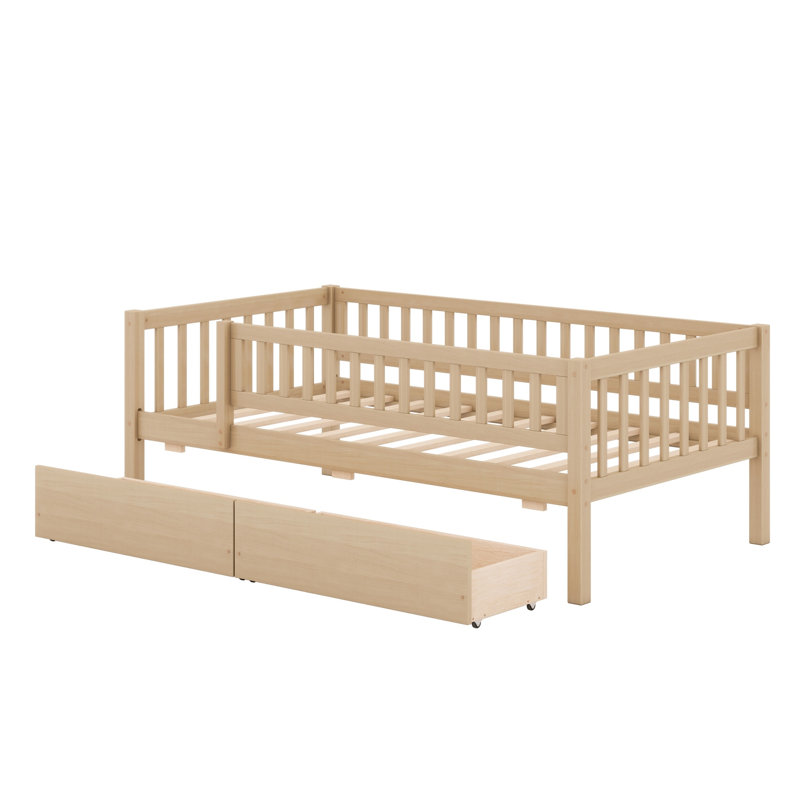 Lit de jour en bois avec deux tiroirs, Lit simple, Naturel