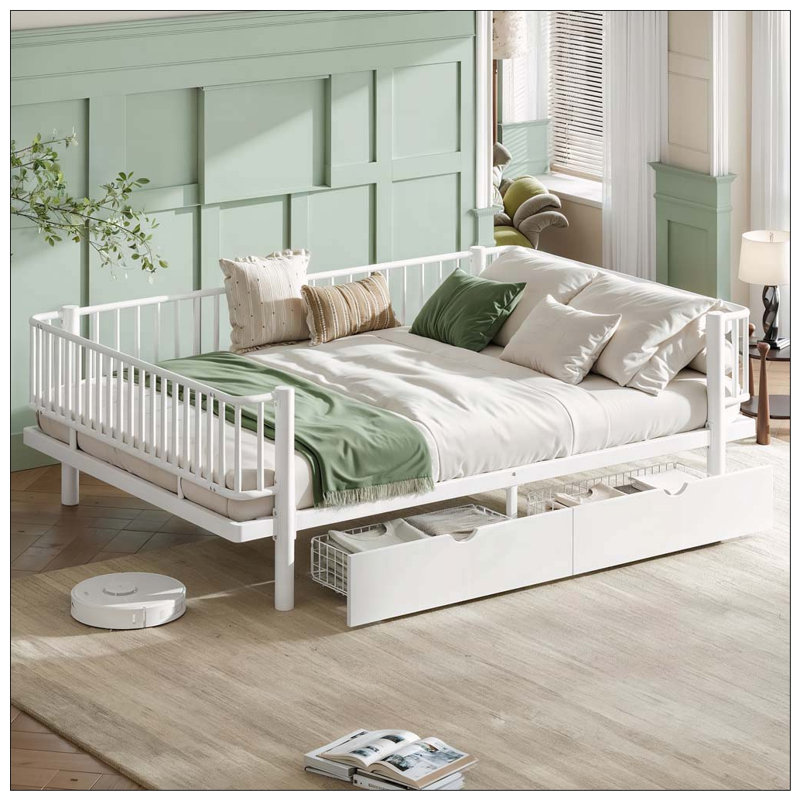 Lit plateforme avec tiroirs de rangement, Blanc clair, Grand lit