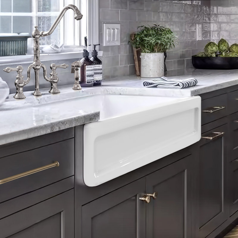 Whitehaus 33” Reversible Single Bowl Fireclay Kitchen Sink: Shaker Panel, Beveled Front Apron, White