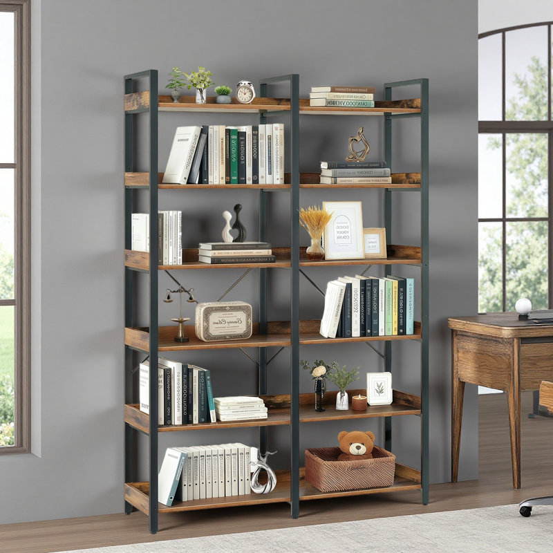 6-Tier Industrial Bookshelf, 67" Wooden Bookshelf With Open Shelves, Freestanding Metal Frame Bookcase For Storage And Display, Modern Book Shelves For Bedroom, Living Room And Home Office, Brown