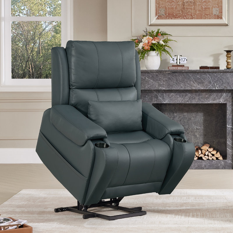 Leather Power Lift Recliner with Pocket and Lumbar Pillow, Navy