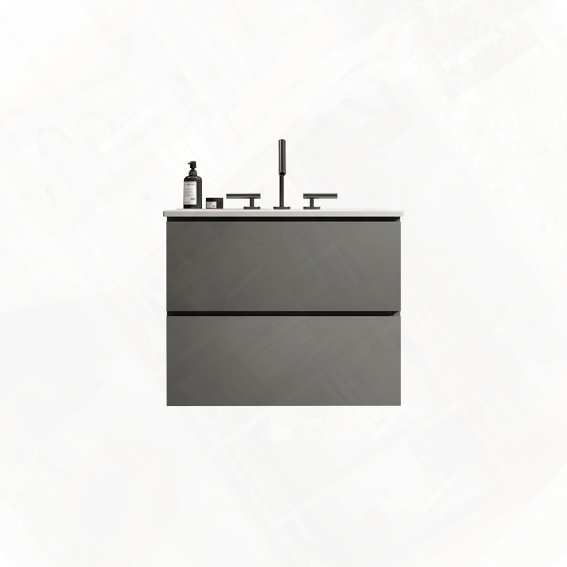 Meuble-lavabo mural avec lavabo en céramique et trois trous de robinet, Gris, 24"