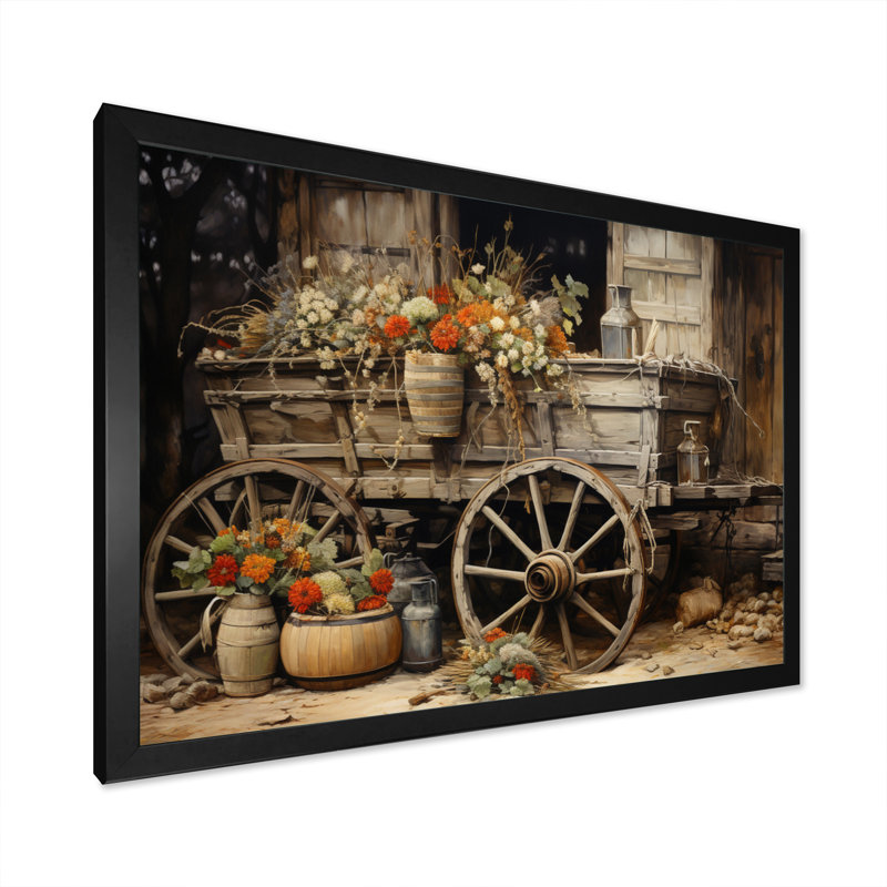 «Grey Old Cart Of Flowers I» - impressions sur toile de vieux chariot américain, Cadre simple noir