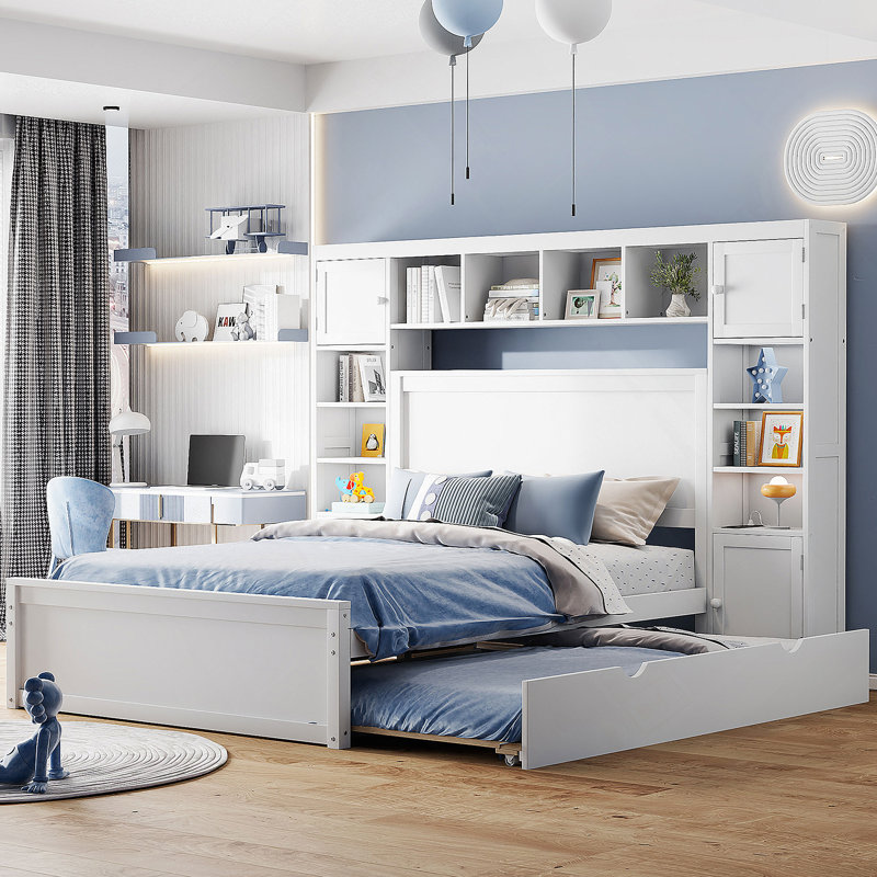 Exquisite Wooden Bed With Integrated Cabinet, Shelf, And Sockets, Offering Ample Storage And Modern Convenience For A Comfortable Bedroom