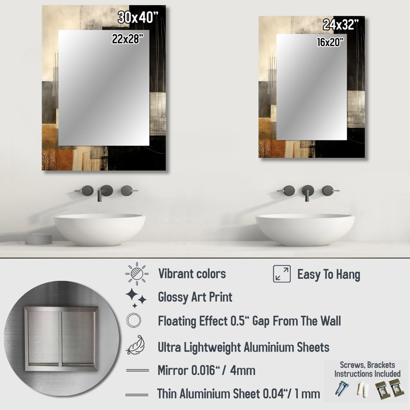 Noir Mid Century Fusion II - miroir mural moderne Midcentury, grand miroir moderne, impression d'art en métal, 40 po x 30 po