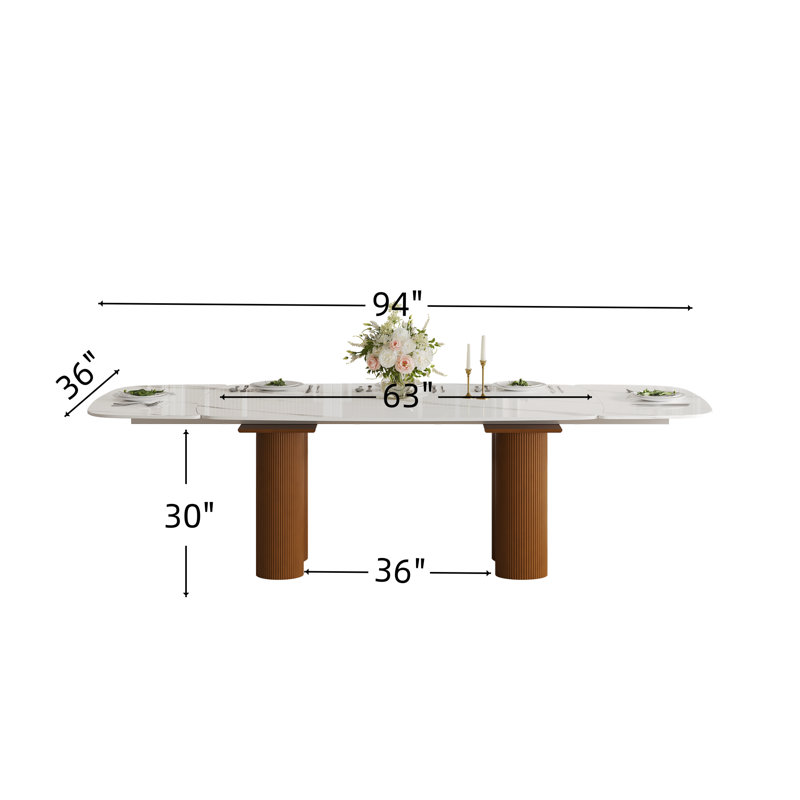 Ensemble de table de salle à manger extensible en pierre frittée de 63 à 94 po pour 8 personnes, plateau en pierre de luxe fritté avec double piédestal moderne en noyer et 8 chaises rembourrées entièrement assemblées Emil (ensemble de 9)