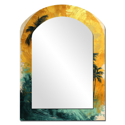 Emerald Palm Trees On Golden Tropical Sunrise I - miroir mural décoratif asymétrique vert, grand miroir traditionnel arqué, impression sur métal