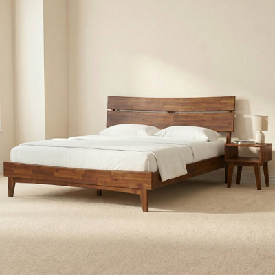 2-Pcs King Bedroom Set – Aurora Acacia Solid Wood Platform Bed Frame & Matching Nightstand, Mid-Century Modern, Walnut Finish, 800 lbs Capacity, Storage, No Box Spring, Easy Assembly