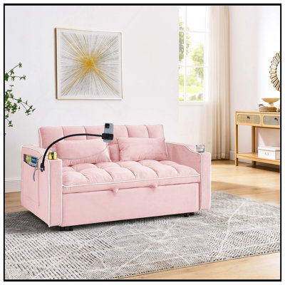 Canapé-lit pliable polyvalent de 55,51 pouces, velours moderne avec dossier réglable, port USB et support pour téléphone pivotant