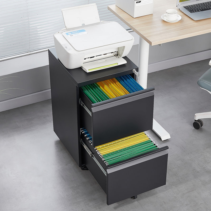 Classeur verrouillable à 2 tiroirs sur roulettes, chariot de rangement mobile en métal pour documents de format lettre / légal / A4, armoire à roulettes noire pour bureau à domicile