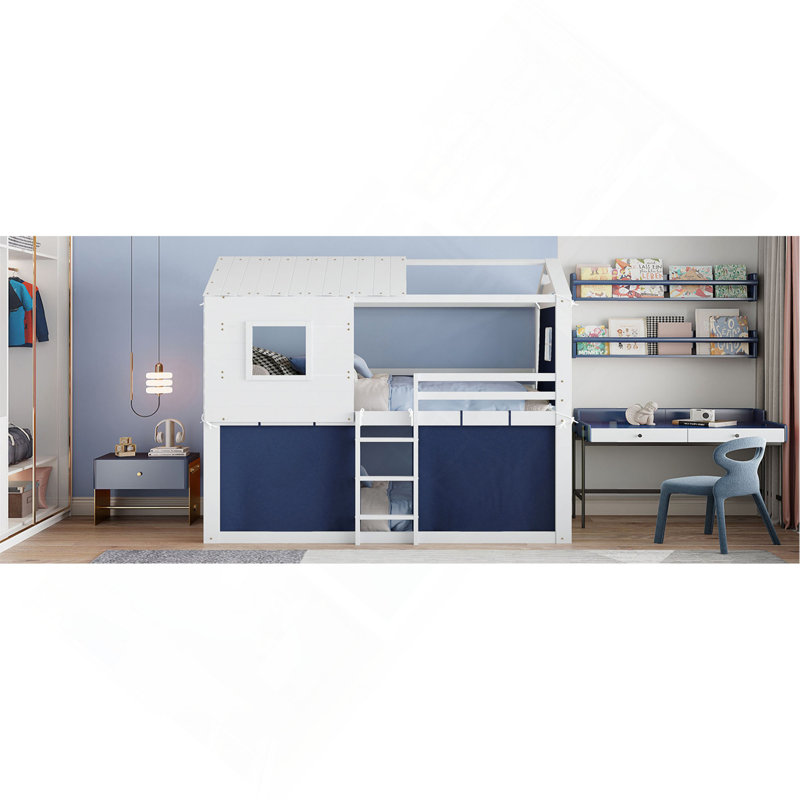 Lit superposé en bois avec tente, Lit simple, Bleu