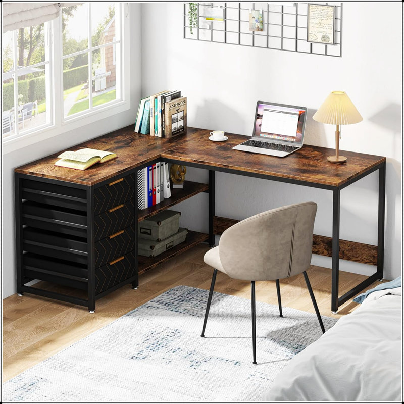 Bureau d'ordinateur en L 59 po avec tiroirs et tablettes de rangement, poste de travail de coin réversible, bureau d'écriture avec classeur