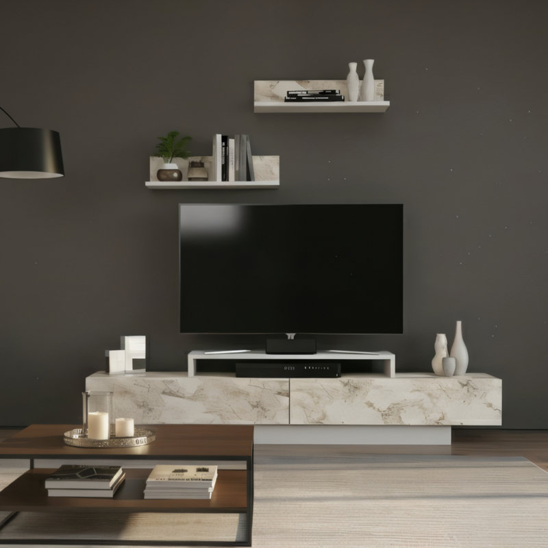 Meuble télé Hulsey pour téléviseurs jusqu'à 75 po, Effet marbre Ephesus / blanc