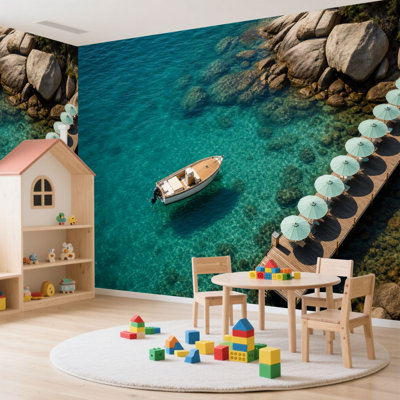 Papier peint adhésif auto-adhésif moderne pour la chambre à coucher - Parasols de bateau avec quai Peel and Stick L 100 po x l 144 po