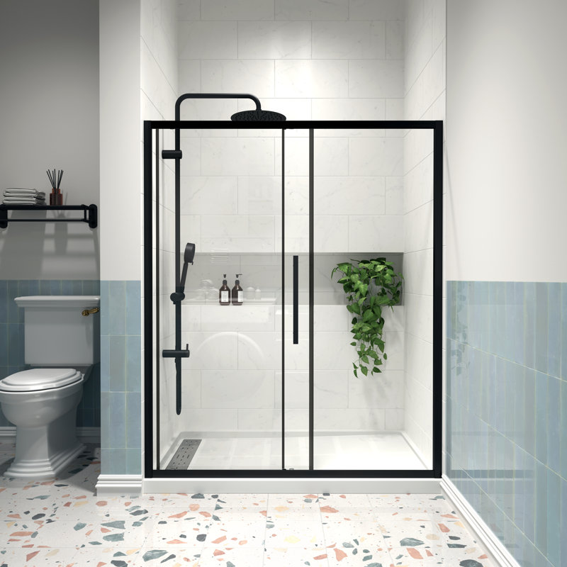 44 - 48" W x 72" H Single Sliding Semi-Frameless Shower Door with 1/4" (6mm) Crystal Clear Tempered Glass, Matte Black