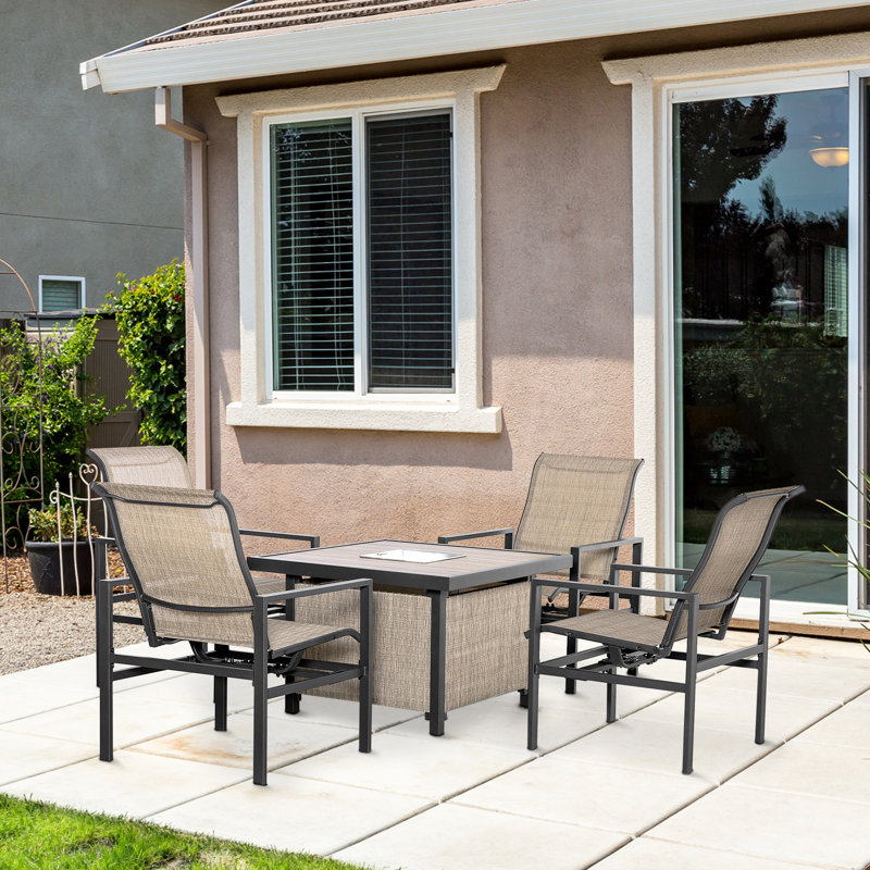 Ensemble de salle à manger de patio beige, 5 pièces, acier, 4 chaises à bascule et table avec seau à glace, beige, doux et apaisant