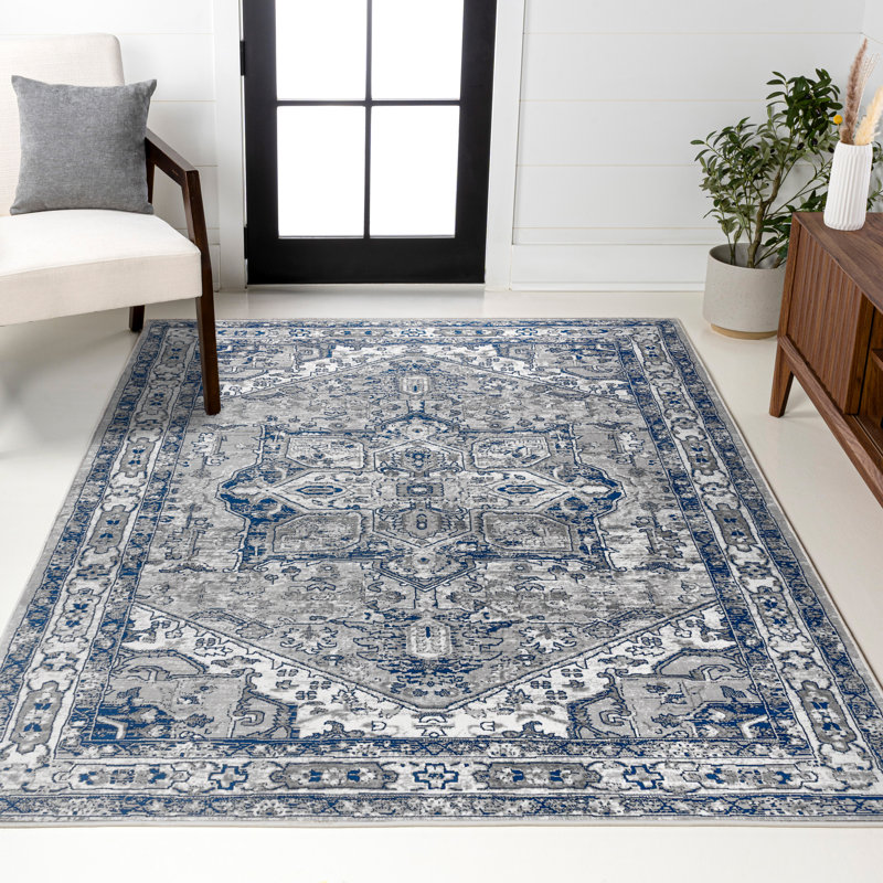 Lawton Modern Persian Vintage Medallion Light Gray/Navy Rug, Rectangle 3' x 5'