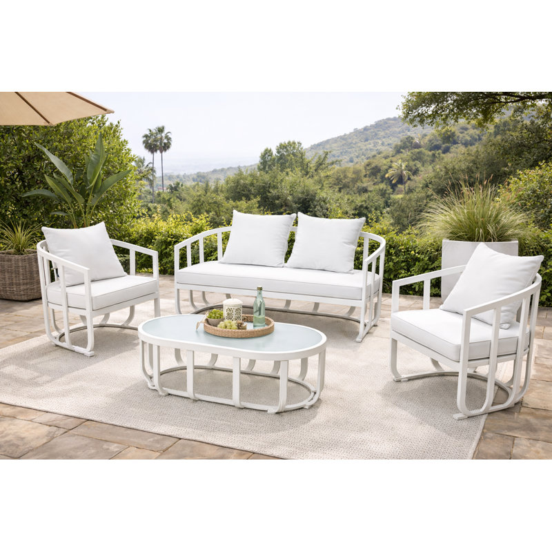 Ensemble de conversation d'extérieur en aluminium avec coussins 4 pièces Pangea Home Aella, Blanc