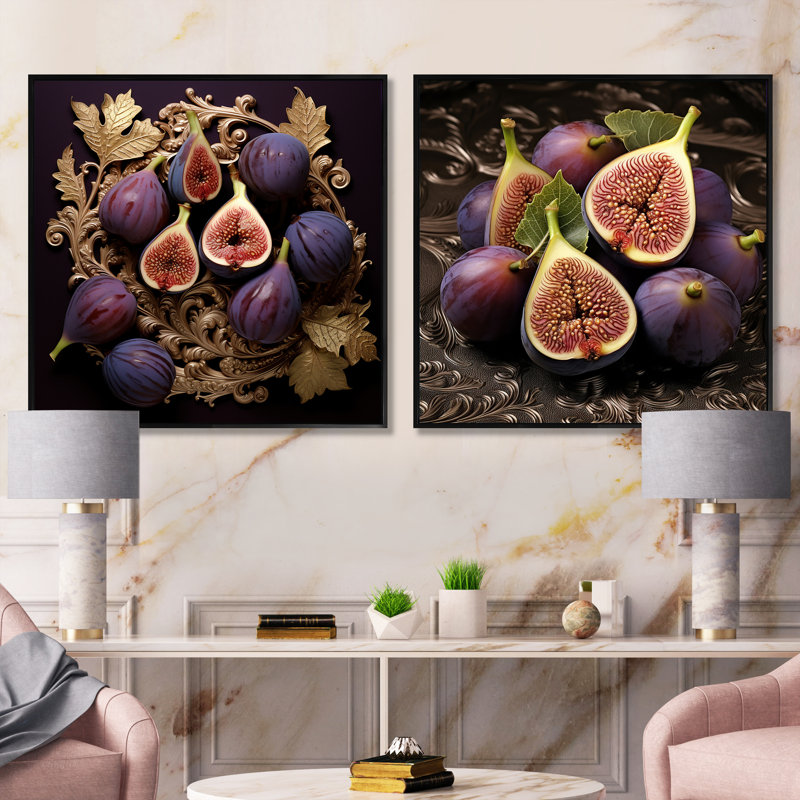 Gothic Figs In Filigree Fruit - Fruits Square Collage Set Of 2, Black Floater Framed, 16" H x 33" W
