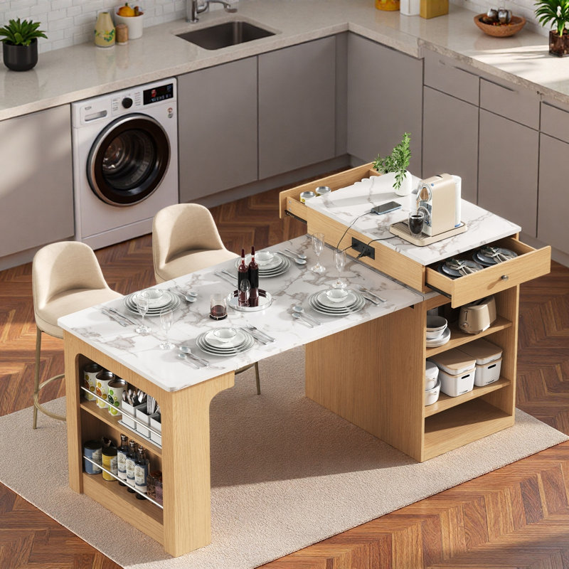 Îlot de cuisine avec table de salle à manger extensible, rangement double-face, 2 tiroirs, prise de courant, Blanc, Naturel