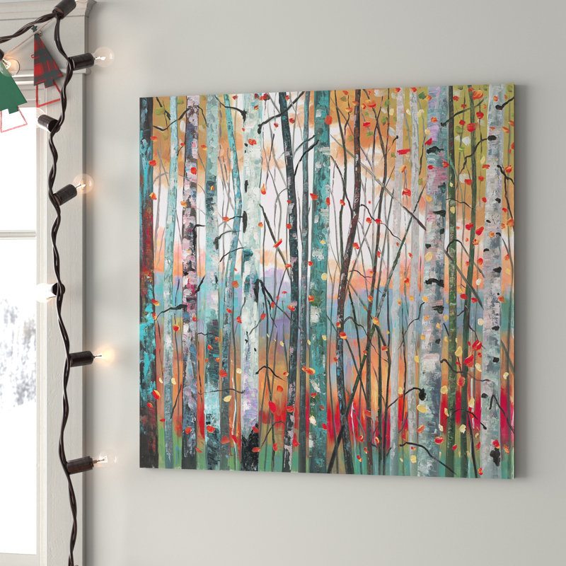 Forêt colorée - reproduction sur toile, H 36 po x l 36 po, Non, Toile avec cadre noyer